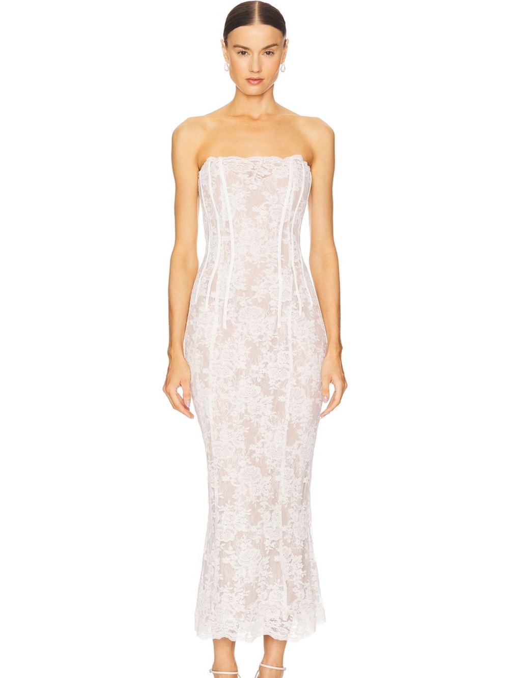 V. Chapman Capulet Strapless Lace Midi Dress in White